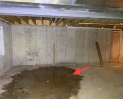 Standing water pooled across an unfinished basement concrete floor