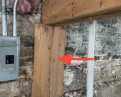 End of a main floor beam supported on wood posts against crumbling masonry instead of the foundation