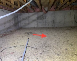 Crawlspace with exposed bare soil and uninsulated floor framing overhead