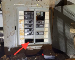 Service Panel – Open Knockouts and Gaps Electrical panel front with open circular knockouts and gaps exposing the interior