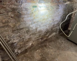 Foundation wall with flaking spalled masonry and white efflorescence deposits
